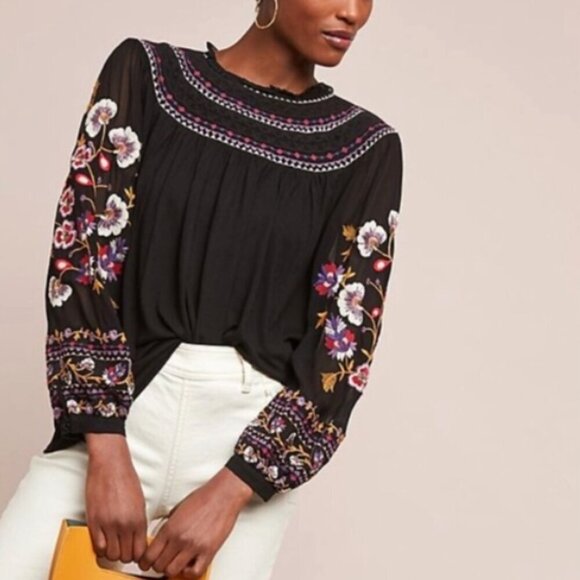 Anthropologie Floral Embroidered Blouse Sz S Relaxed Fit Beaded Boho Whimsigoth - Picture 1 of 16